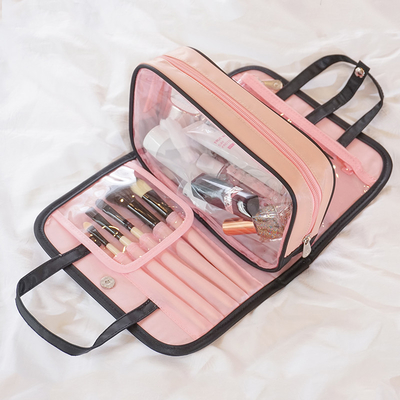 Maquillage en plastique clair pliable de sac d'article de toilette de sac cosmétique imperméable noir de rose